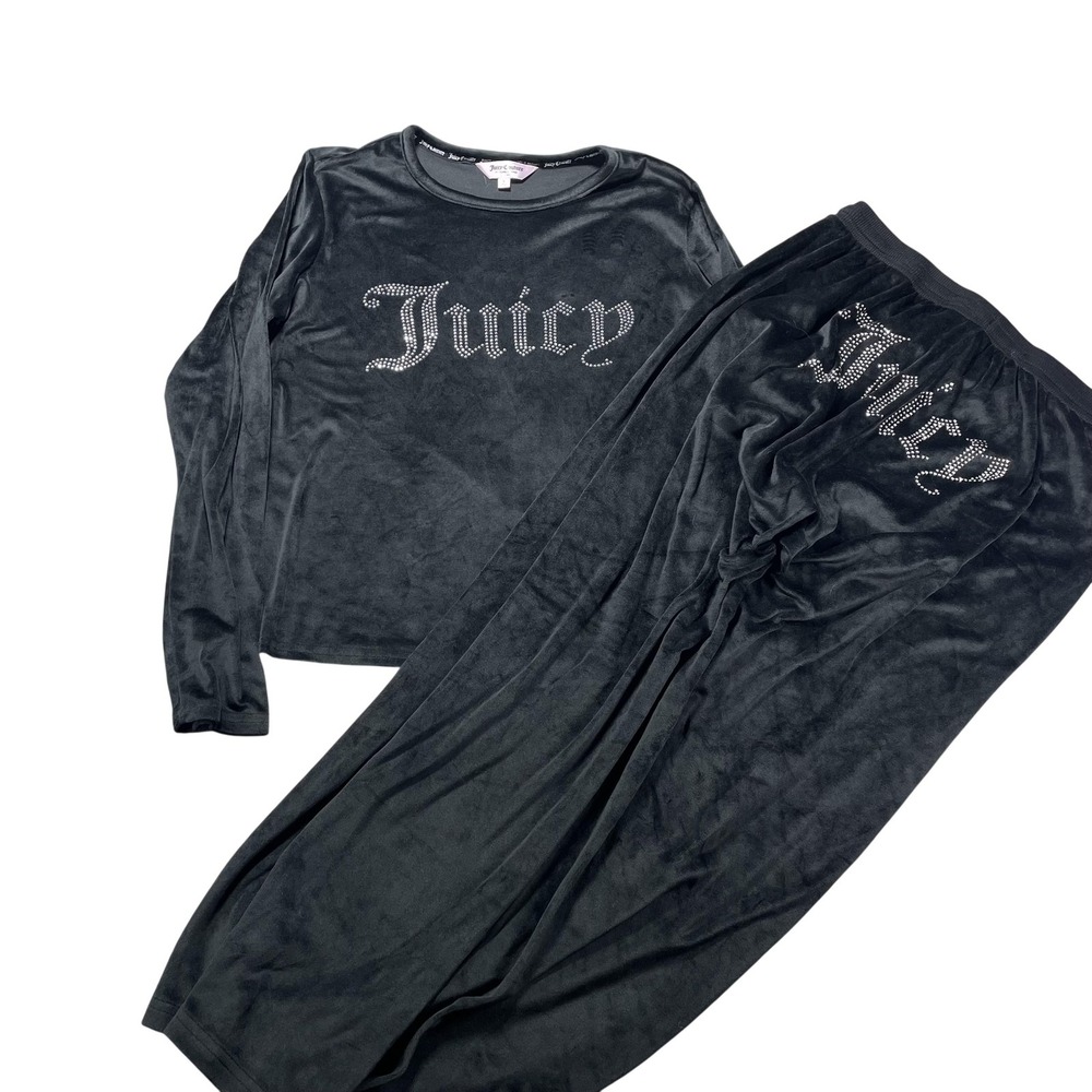 Juicy Couture Pajama Set Womens L Black Velour Juicy Logo Rhinestone Pants Y2K